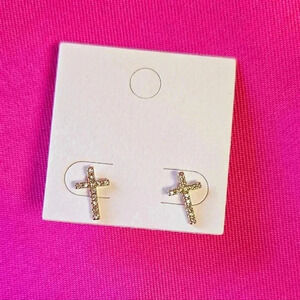 Gold Cross Stud Earrings with Fake Diamonds